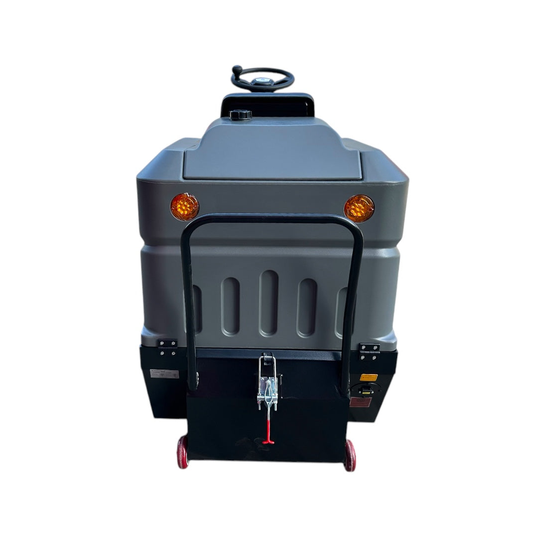 Een grijze Stahlwelle Germany E-800SW schrobzuigmachine, schuin van achteren gefotografeerd tegen een witte achtergrond. De machine heeft een duwboom met handvat voor bediening, wielen voor transport en een zwarte borstelkop aan de onderzijde. Het Stahlwelle logo en de modelnaam "E-800SW" zijn zichtbaar op de zijkant. Deze schrobzuigmachine is ontworpen voor het efficiënt reinigen van middelgrote tot grote oppervlakken.