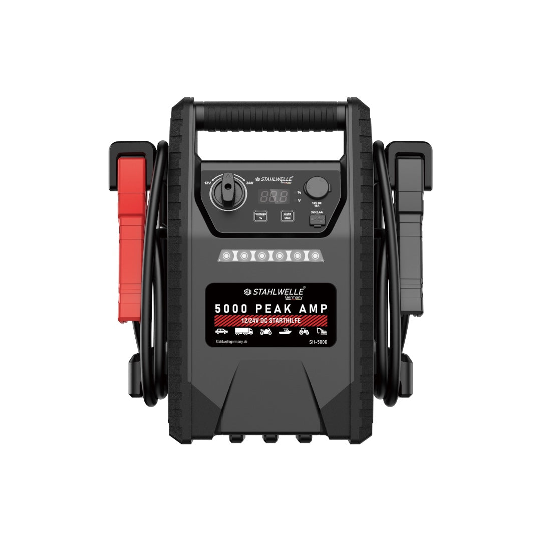  Een zwarte Stahlwelle Germany SH-5000 accu jumpstarter, frontaal gefotografeerd tegen een witte achtergrond. De jumpstarter heeft een handvat aan de bovenkant, rode en zwarte accuklemmen met kabels aan de zijkanten, een digitaal display en bedieningsknoppen aan de voorkant. De tekst "STAHLWELLE", "5000 PEAK AMP", "12/24V DC STARTHILFE" en pictogrammen van verschillende voertuigen zijn duidelijk zichtbaar. Dit apparaat is ontworpen om voertuigen met een lege accu te starten.