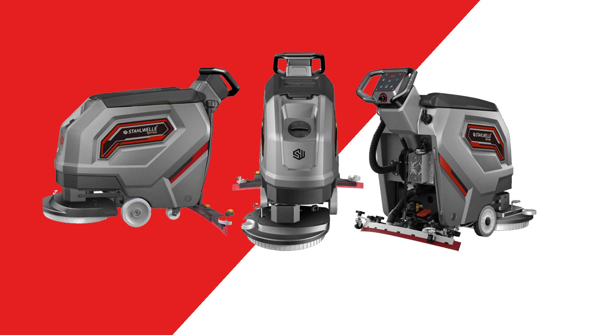 Twee aanzichten van een professionele Stahlwelle schrobzuigmachine. De machine is uitgevoerd in grijs en zwart met rode accenten en het Stahlwelle logo. De schrobzuigmachine is ontworpen voor efficiënte en grondige reiniging van vloeren in industriële en commerciële omgevingen.