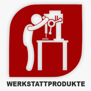 Het logo van Stahlwelle Werkstattprodukte, met een wit pictogram van een persoon die een kolomboormachine bedient, geplaatst op een rode, afgeronde vierkante achtergrond. Onder het logo staat in witte, strakke letters het woord 