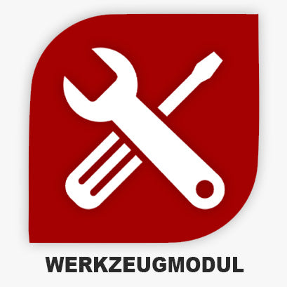 Het logo van Stahlwelle Werkzeugmodul, met witte silhouetten van een steeksleutel en een schroevendraaier die elkaar kruisen binnen een rode, afgeronde vierkante vorm. Onder het logo staat in witte, strakke letters het woord 